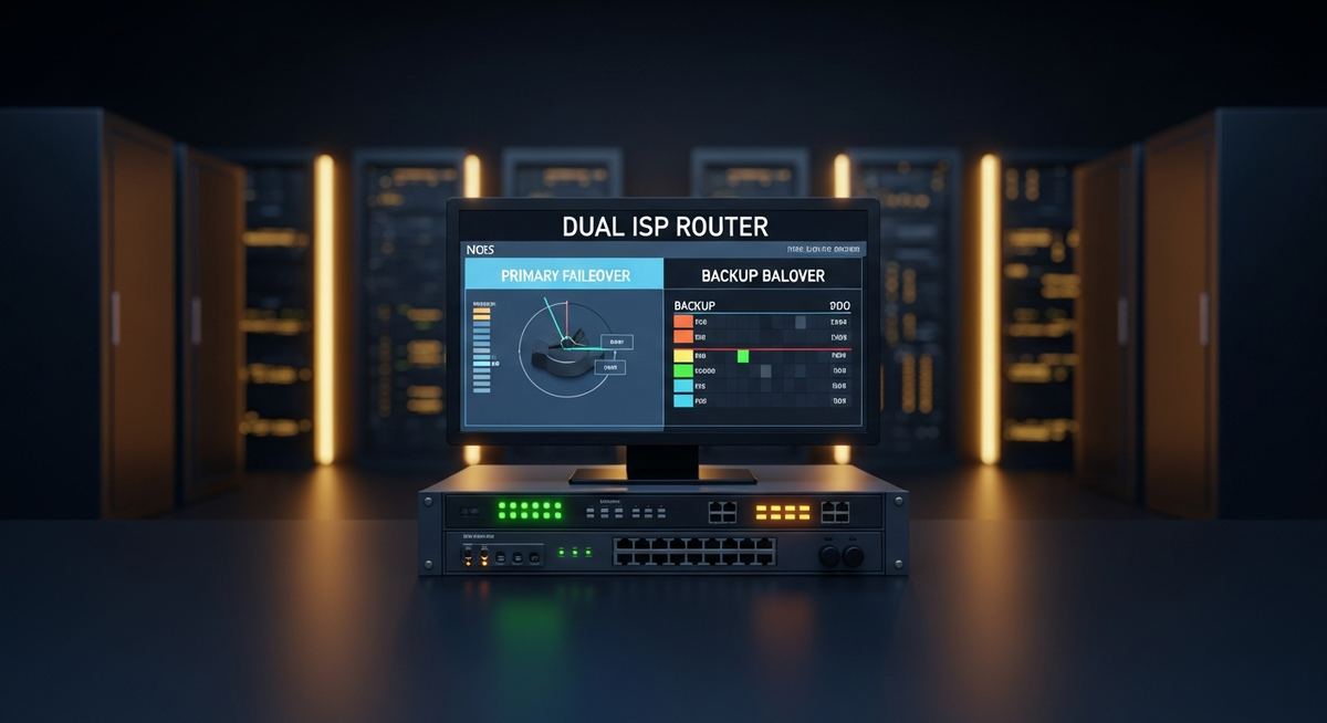 Network operations center showing dual WAN failover diagram with primary and backup internet connections active