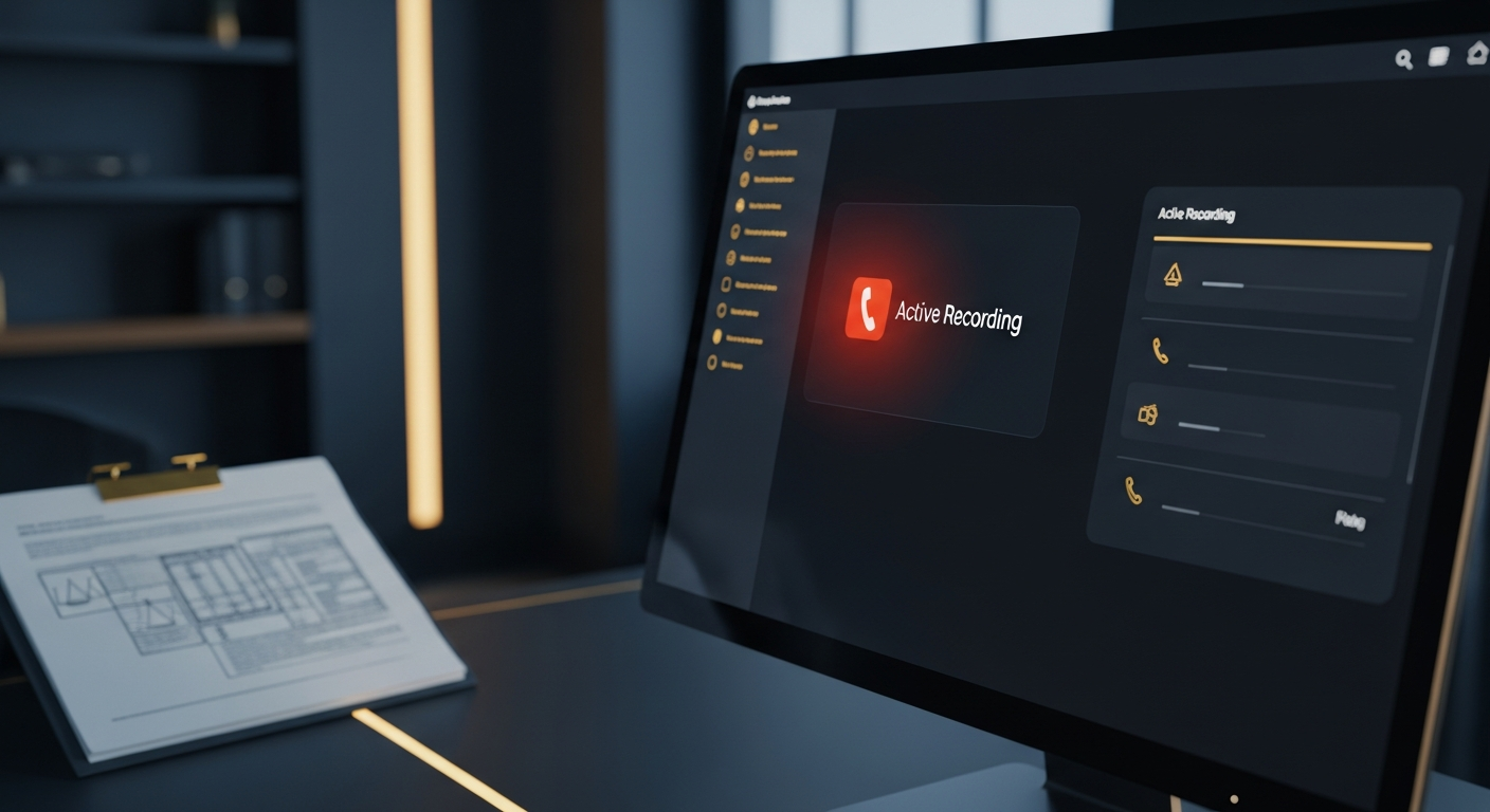 Modern VoIP phone system interface showing call recording controls with a legal compliance overlay in a professional office