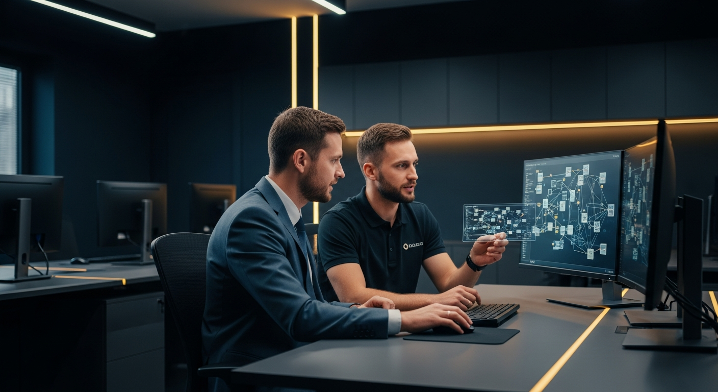 Internal IT team member collaborating with external MSP consultant at a shared workstation reviewing network diagrams