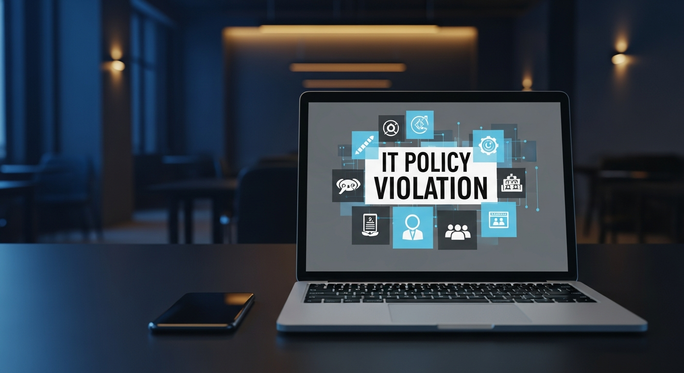 Modern open office with employees using a mix of personal and business devices, collaborative workspace with multiple screens showing productivity tools