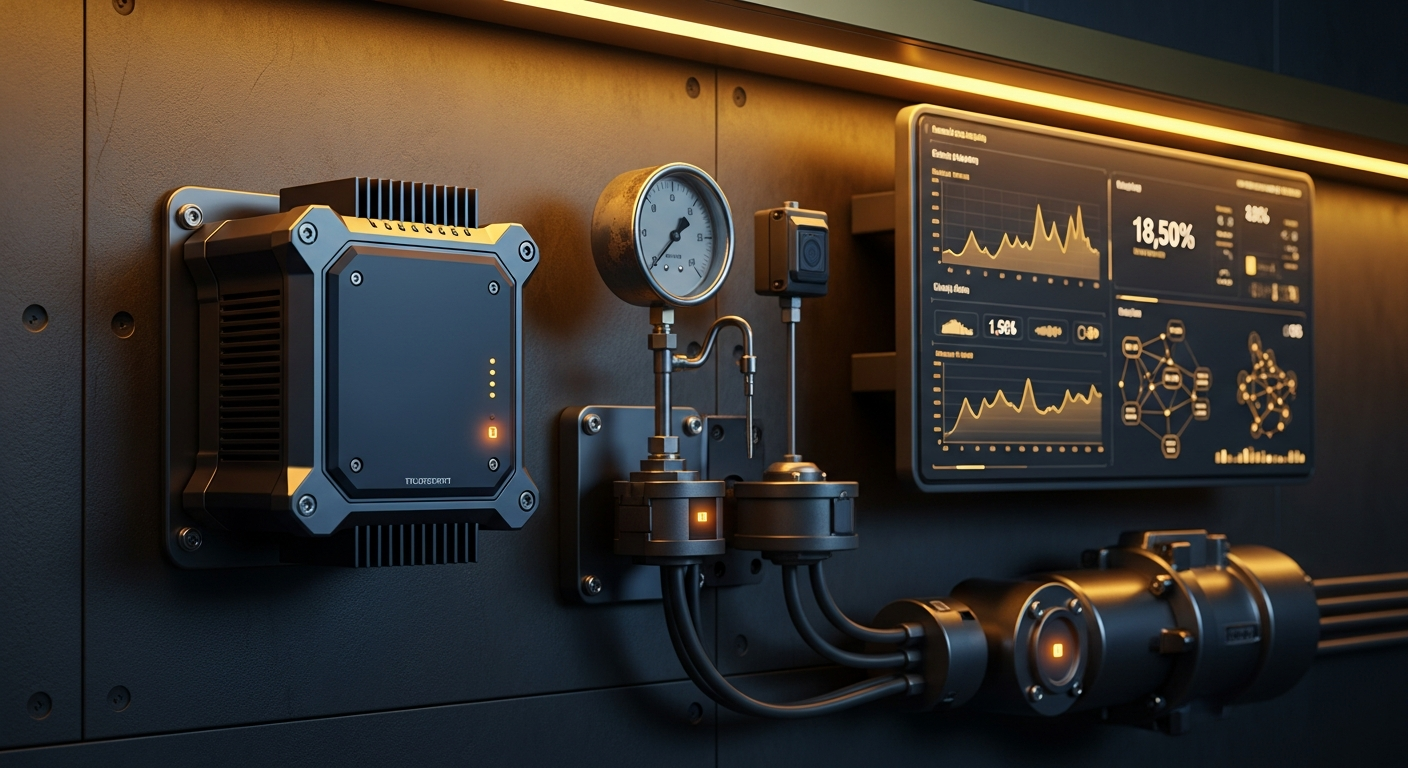 Industrial facility floor showing IoT sensors and local edge compute device processing data streams with cloud connectivity in background