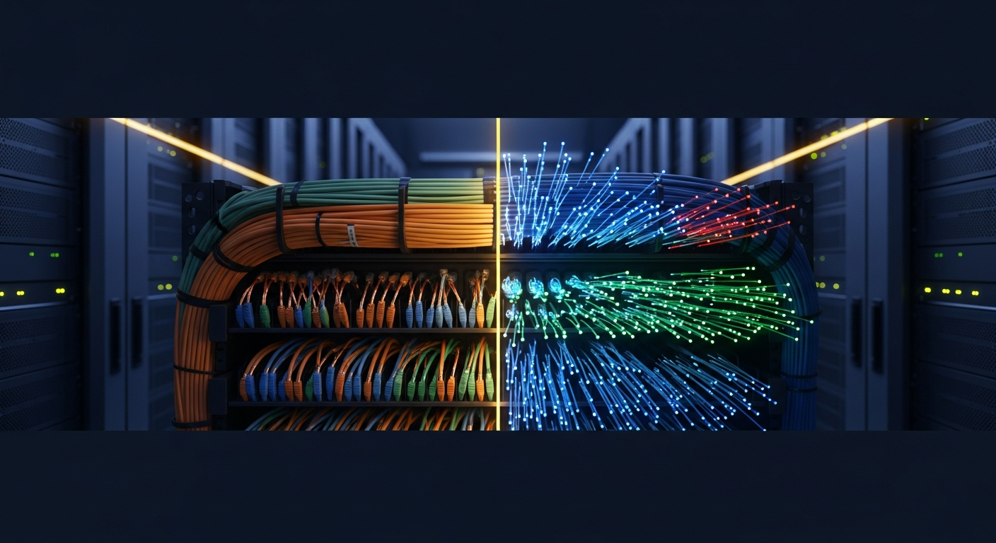 Network infrastructure showing fiber optic and copper cabling at a business data center