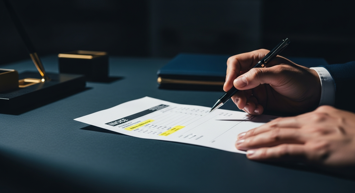 Business owner reviewing telecom invoice line items on a laptop