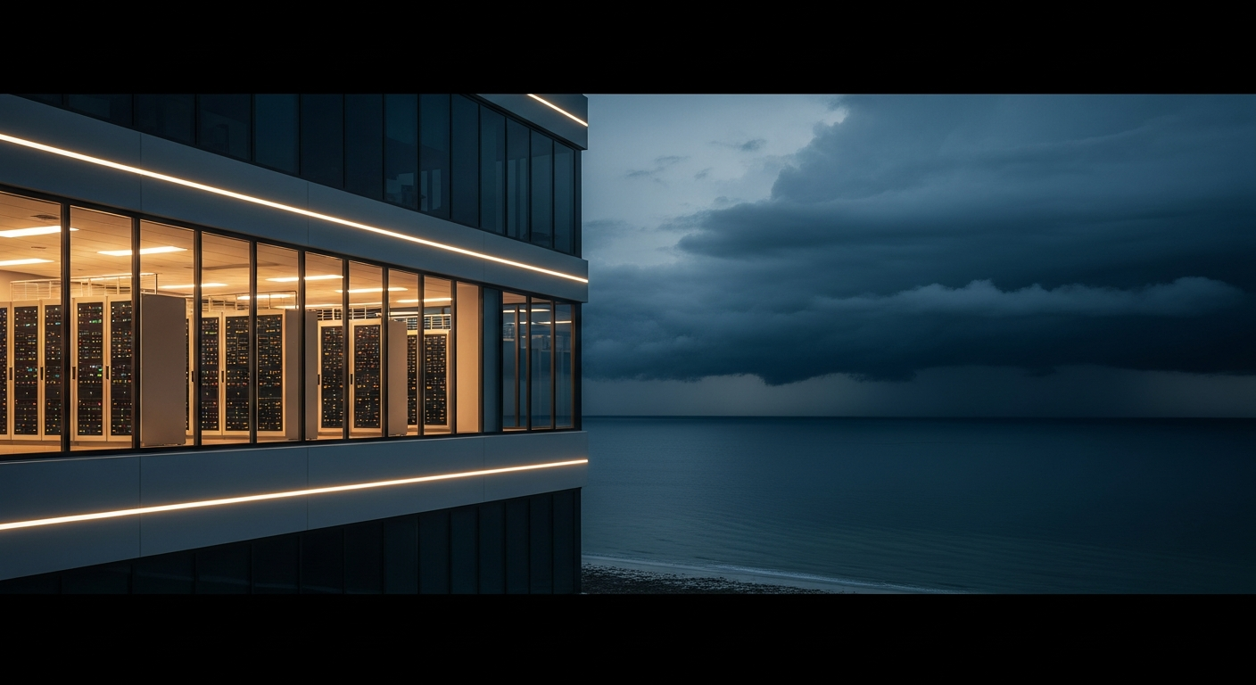 Florida Panhandle coastline with storm clouds on the horizon and a business district in the foreground