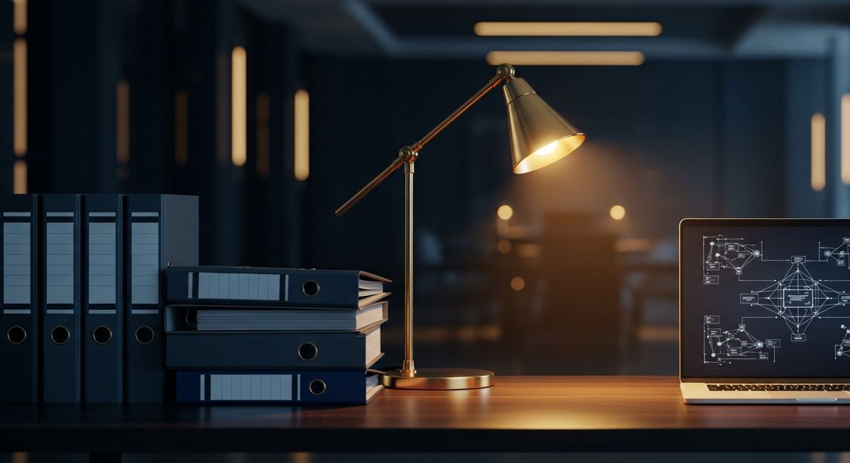 Organized IT documentation binder and laptop showing network diagrams and system inventory in a clean office setting