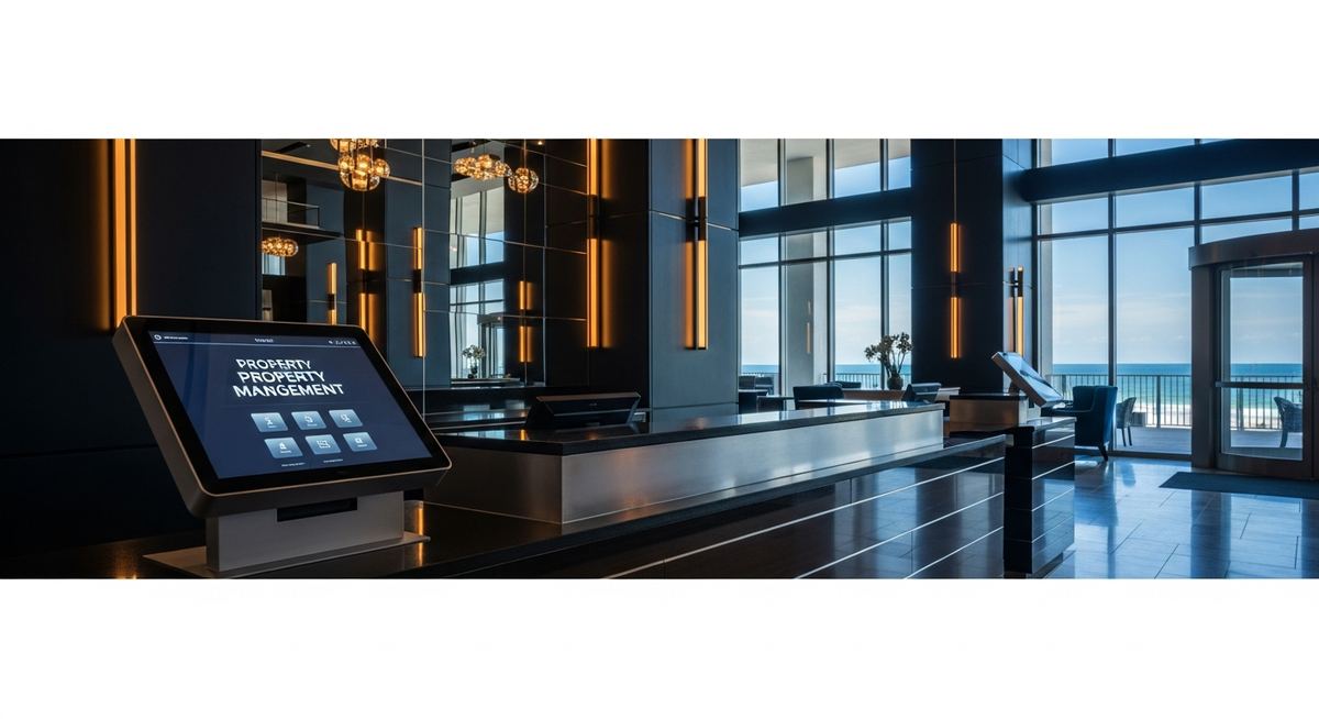 Modern beachfront hotel lobby with visible guest Wi-Fi access points, tablet-based check-in system, and security cameras in a warm professional environment