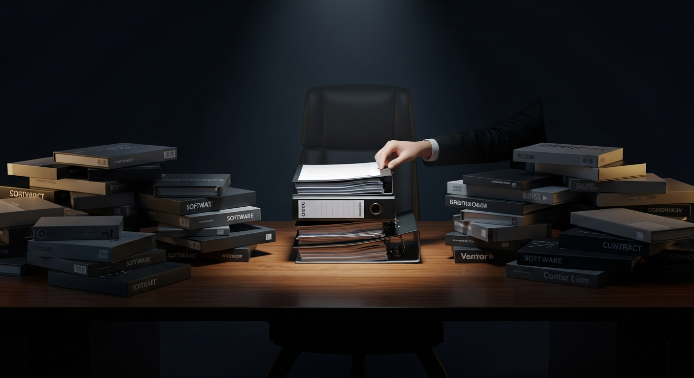 Business manager reviewing a complex vendor dashboard showing overlapping software subscriptions, redundant tools, and consolidation opportunities on multiple screens