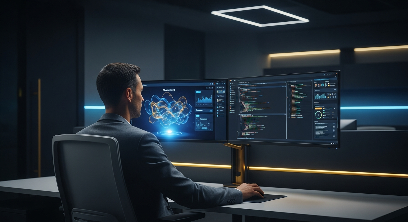 Professional using Microsoft Copilot AI assistant on a laptop in a modern office environment