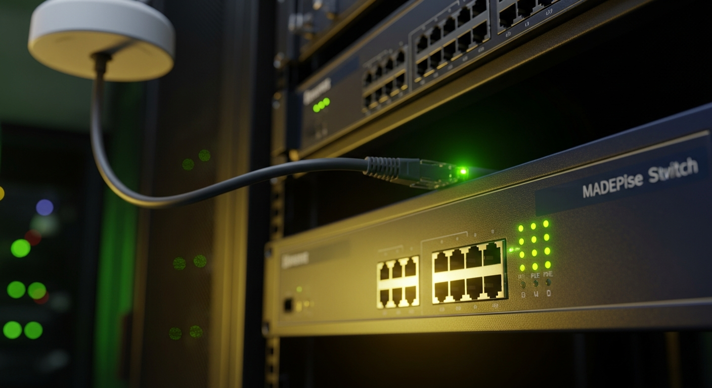 Network switch with PoE indicator lights connected to IP phone, wireless access point, and security camera in a clean rack installation