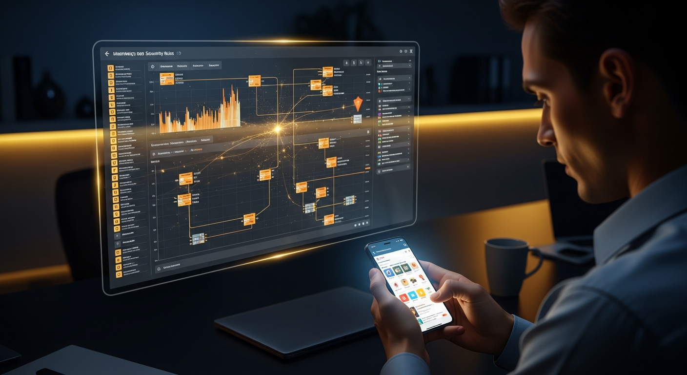 IT administrator reviewing network traffic dashboard showing unauthorized cloud application usage with discovery analytics and alert indicators
