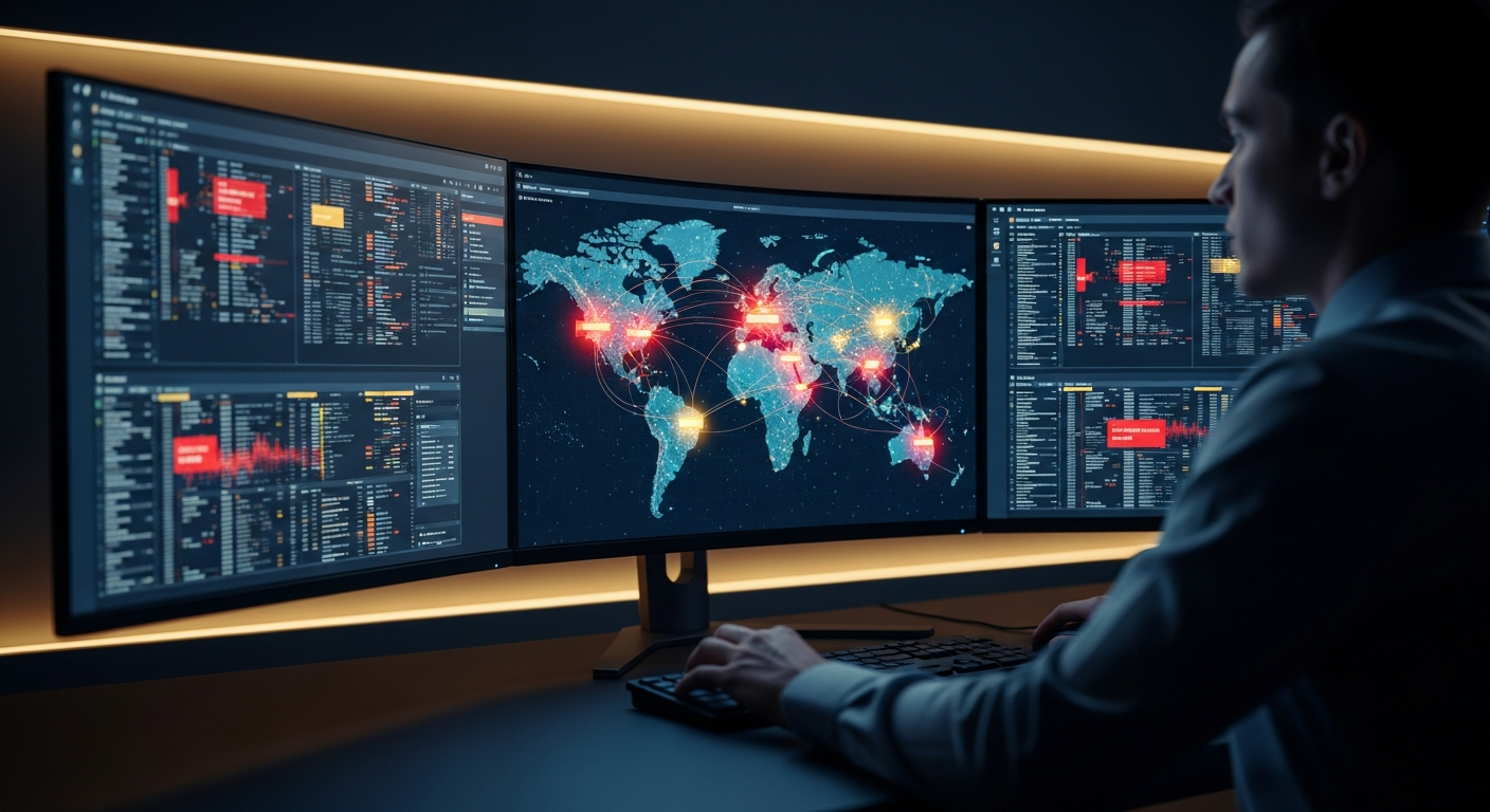Security operations center analyst reviewing SIEM dashboard showing correlated security events, threat indicators, and active alert investigation workflow