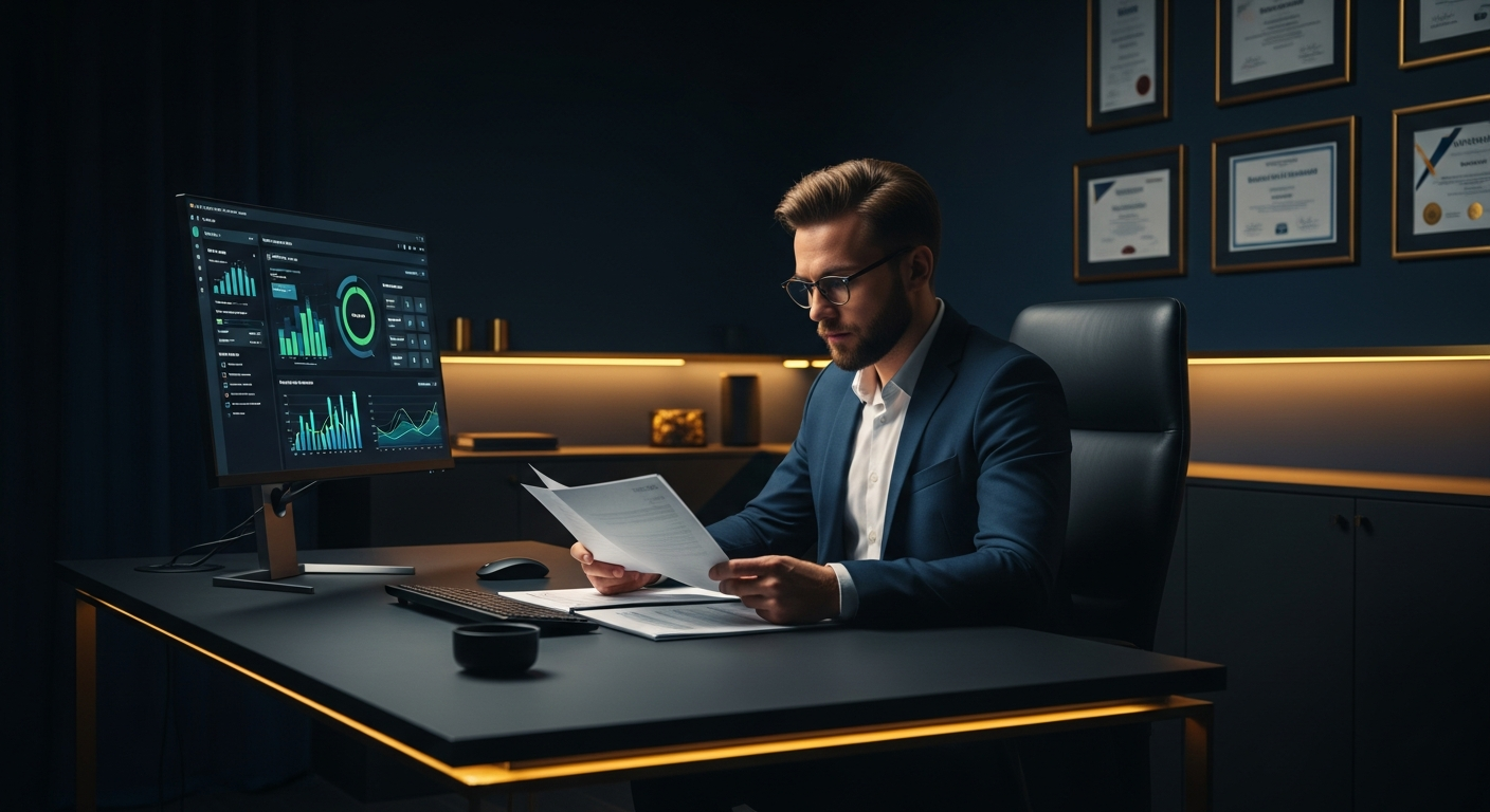 Professional reviewing SOC 2 audit documentation at a desk with security compliance certificates and digital audit dashboard visible